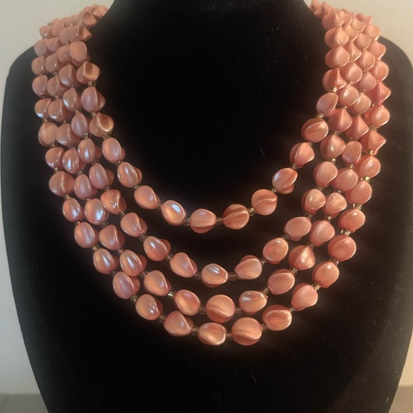 Coral Peach Colored Multi-Strand Beaded Necklace and Clip On Earings Set - Picture 6 of 7